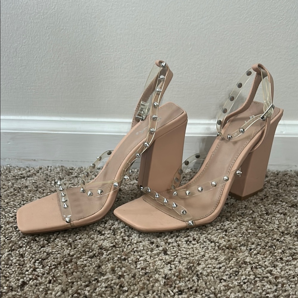 Qupid Tan Studded Block Heel Heels
